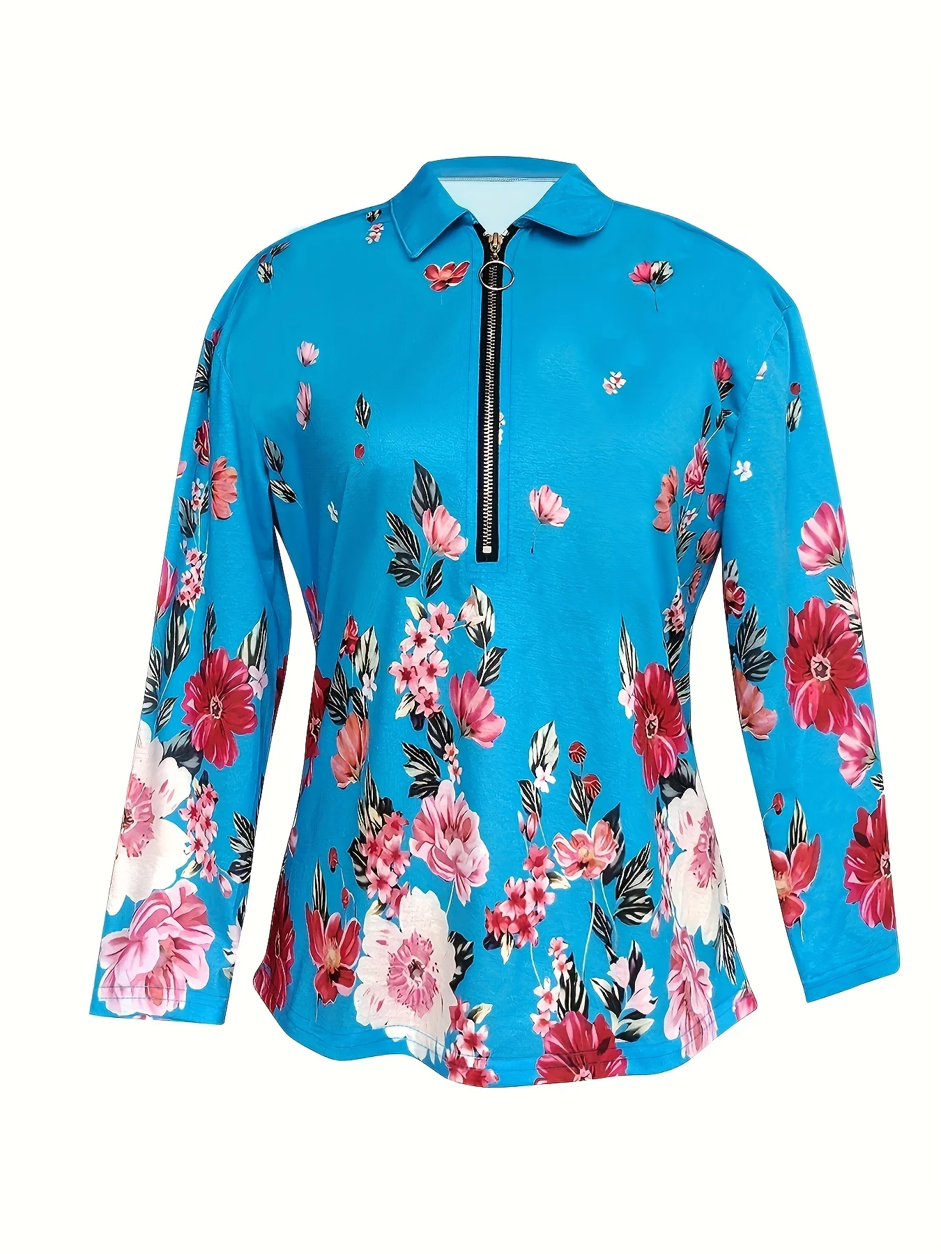 Women's Fashion Zipper Flower Print Long sleeved Top