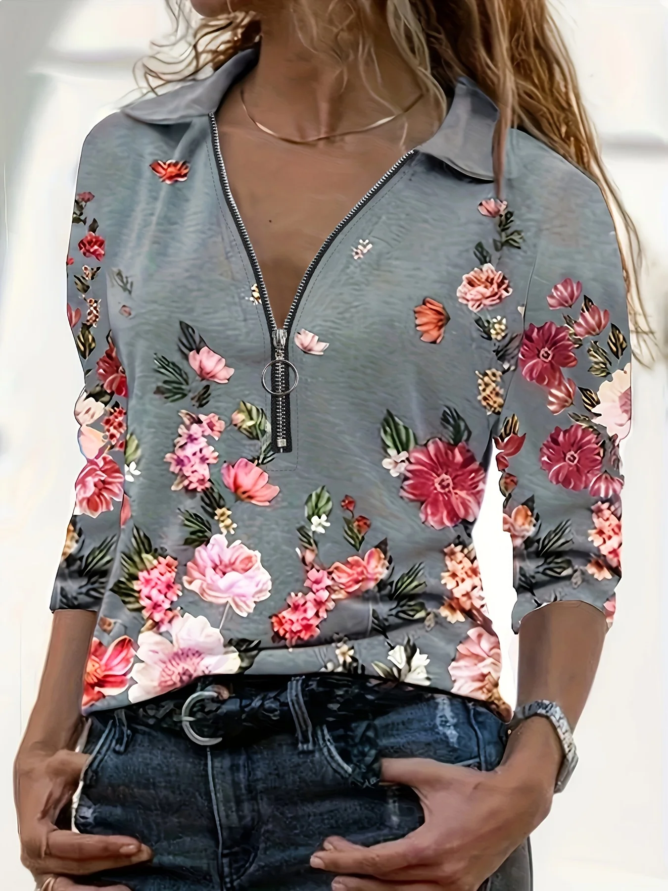 Women's Fashion Zipper Flower Print Long sleeved Top
