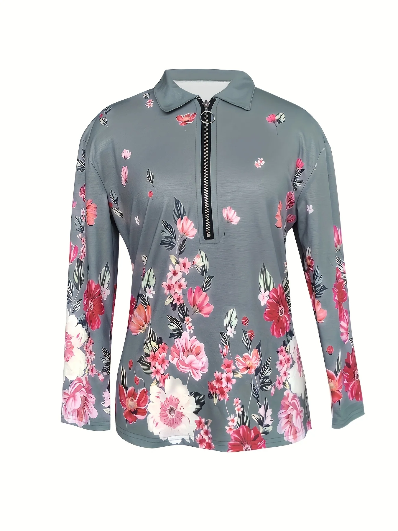 Women's Fashion Zipper Flower Print Long sleeved Top
