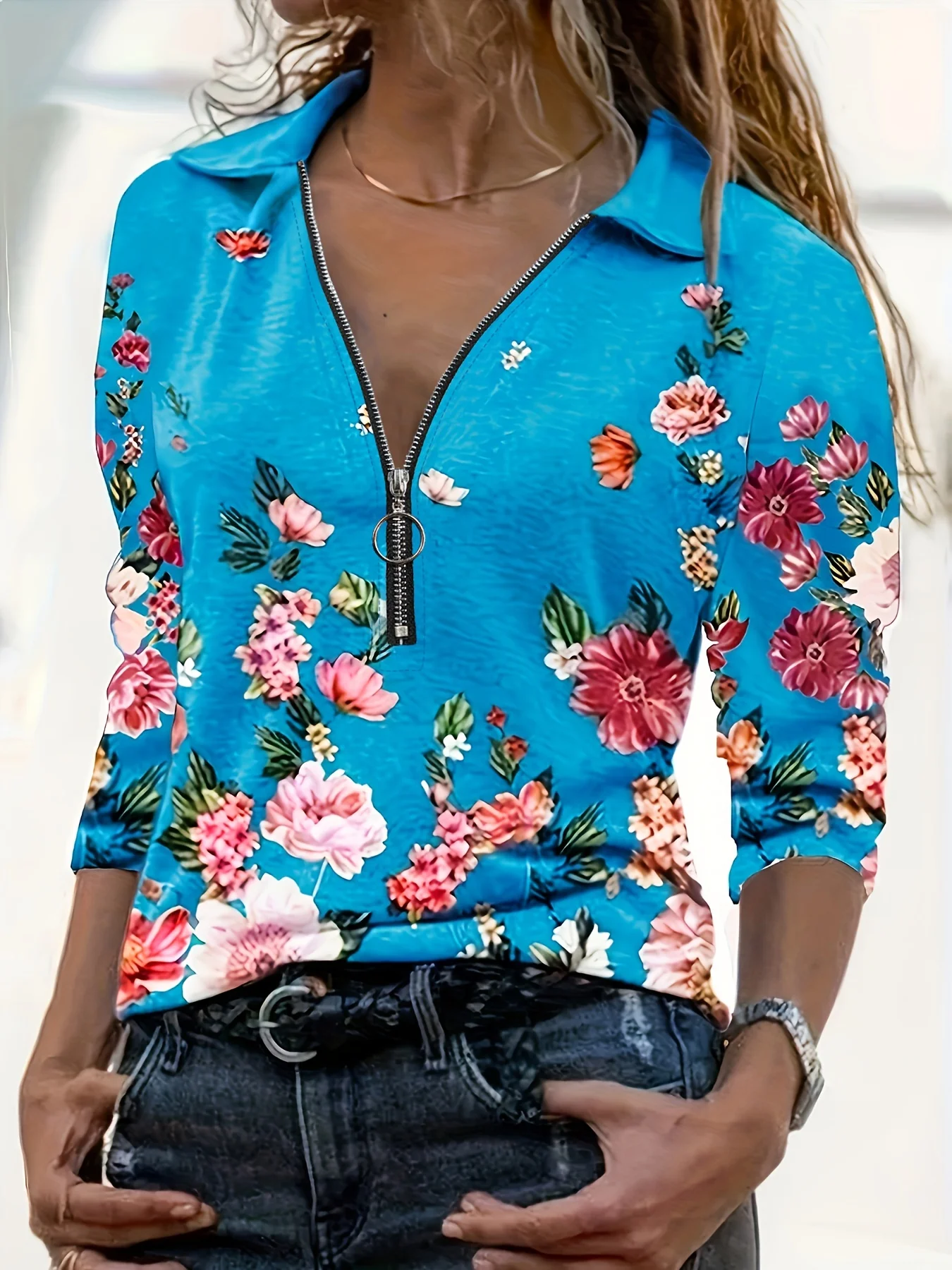 Women's Fashion Zipper Flower Print Long sleeved Top