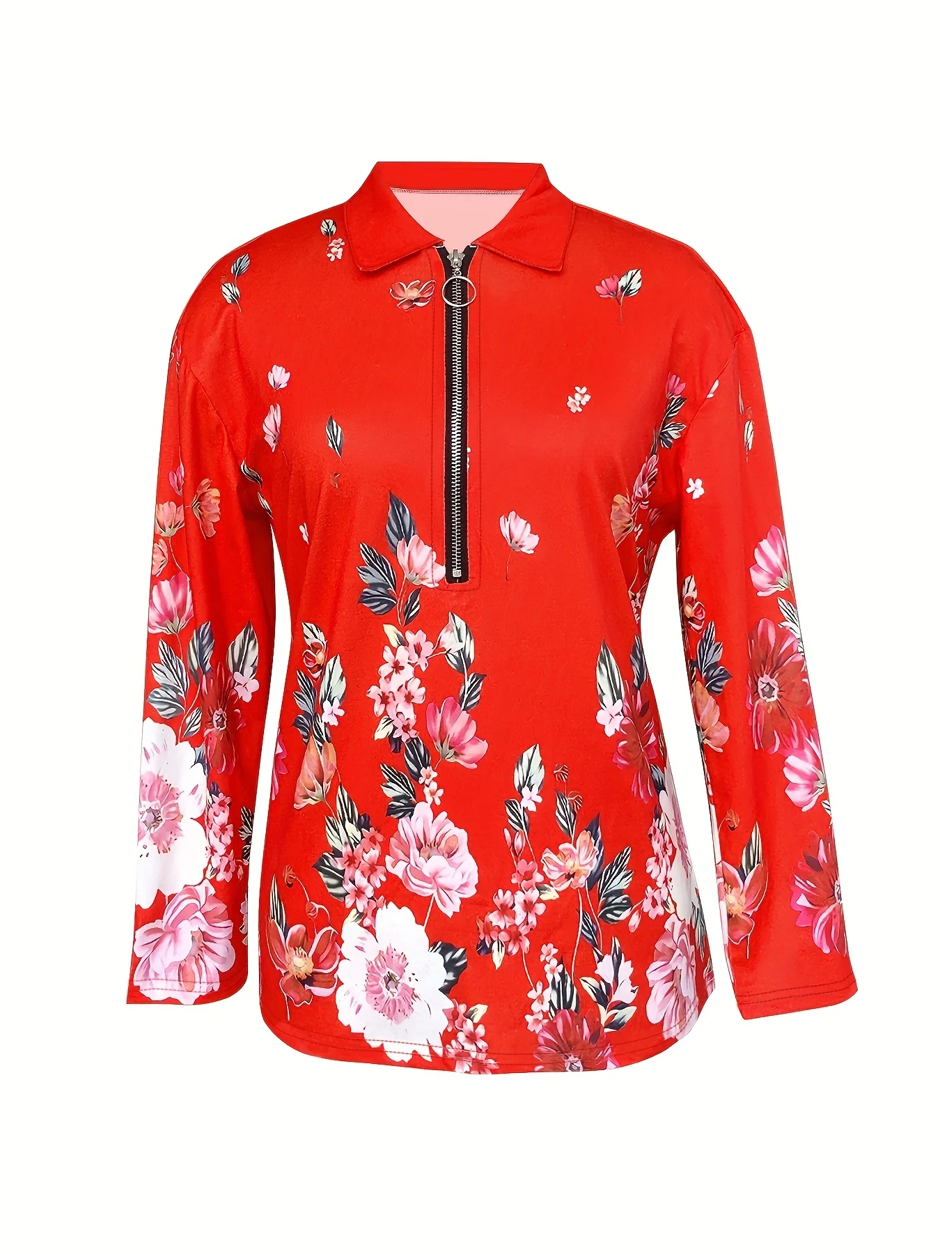 Women's Fashion Zipper Flower Print Long sleeved Top