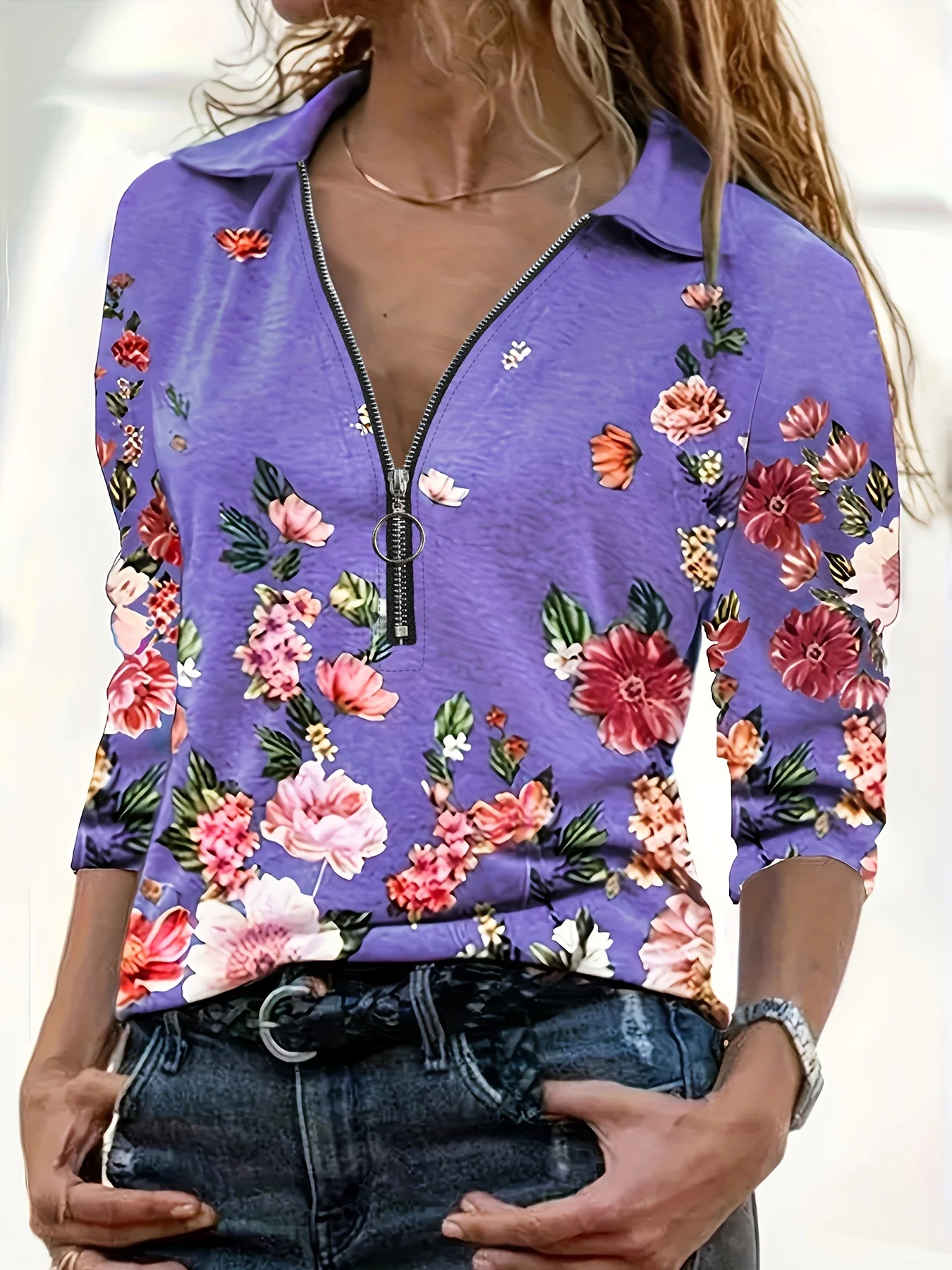 Women's Fashion Zipper Flower Print Long sleeved Top