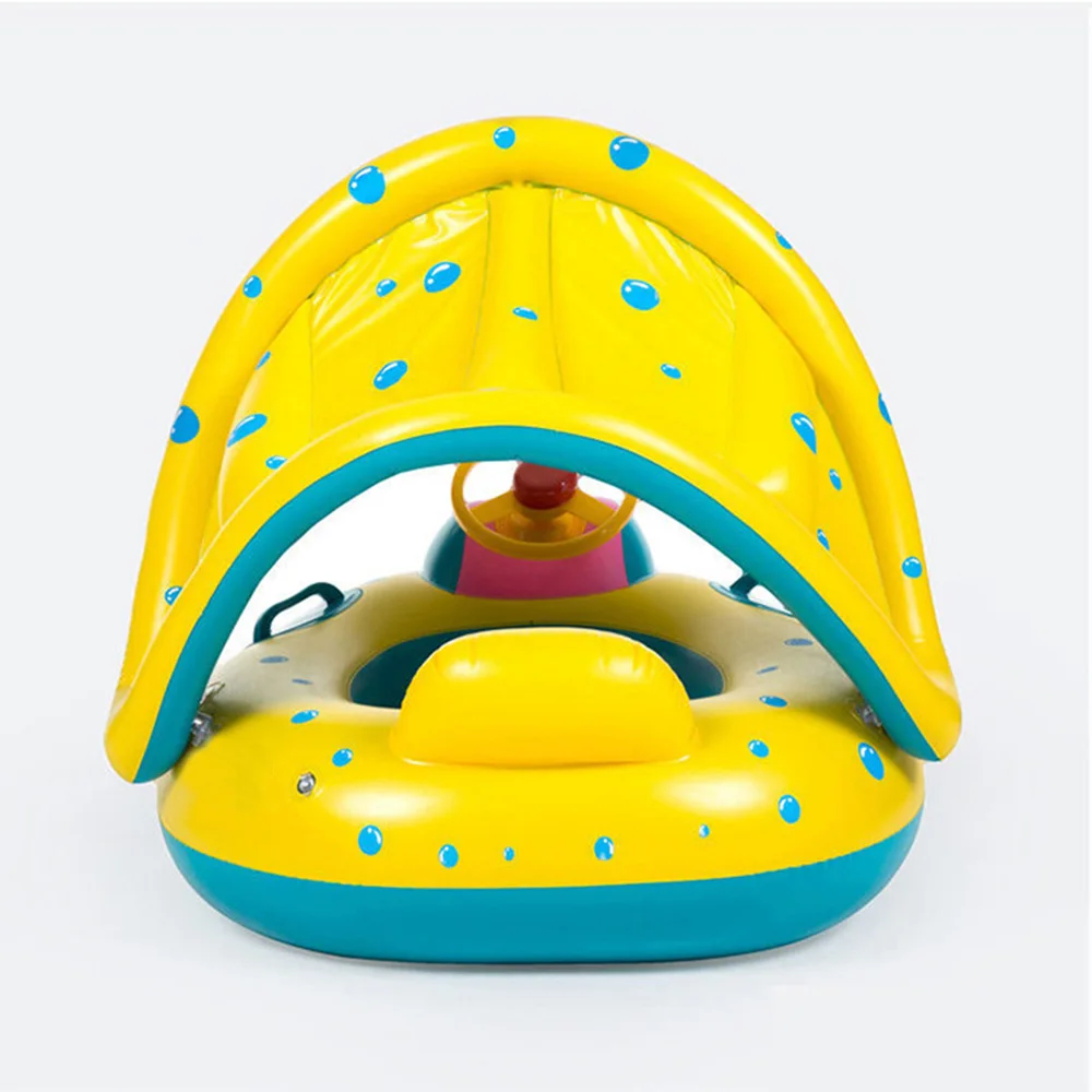 1pc Yellow Sunshade Seat Ring With Steering Wheel Swimming Pool Inflatable Floating Baby Seat