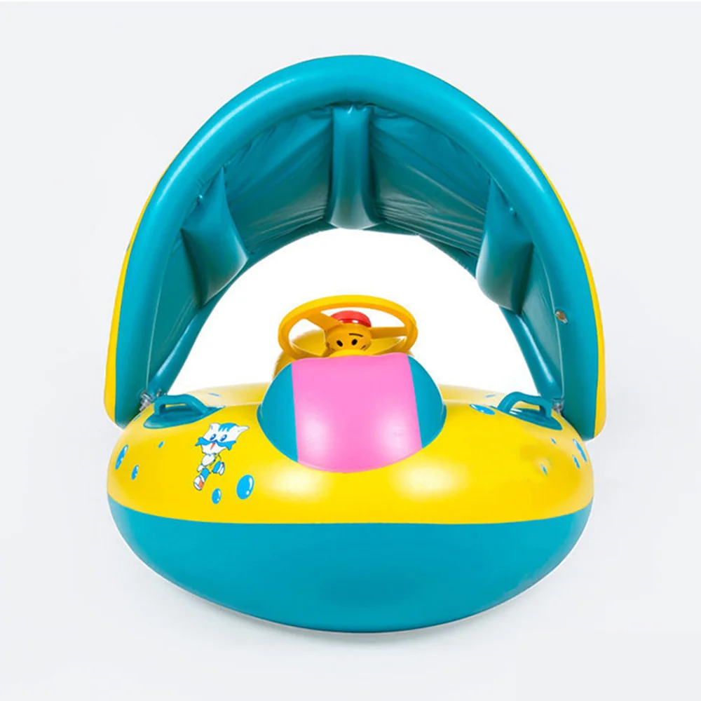 1pc Yellow Sunshade Seat Ring With Steering Wheel Swimming Pool Inflatable Floating Baby Seat