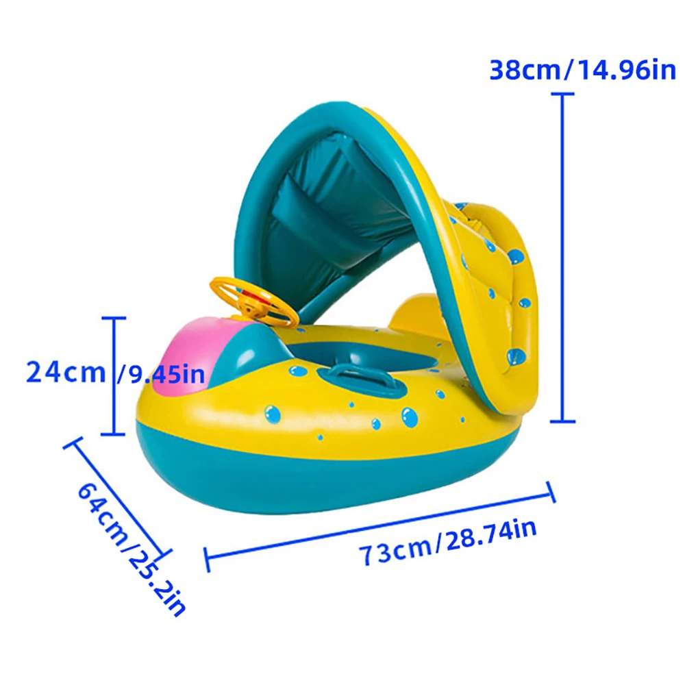 1pc Yellow Sunshade Seat Ring With Steering Wheel Swimming Pool Inflatable Floating Baby Seat