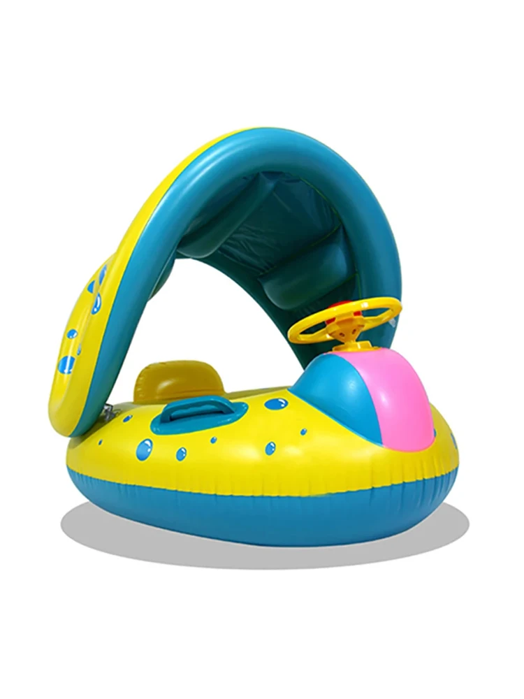 1pc Yellow Sunshade Seat Ring With Steering Wheel Swimming Pool Inflatable Floating Baby Seat