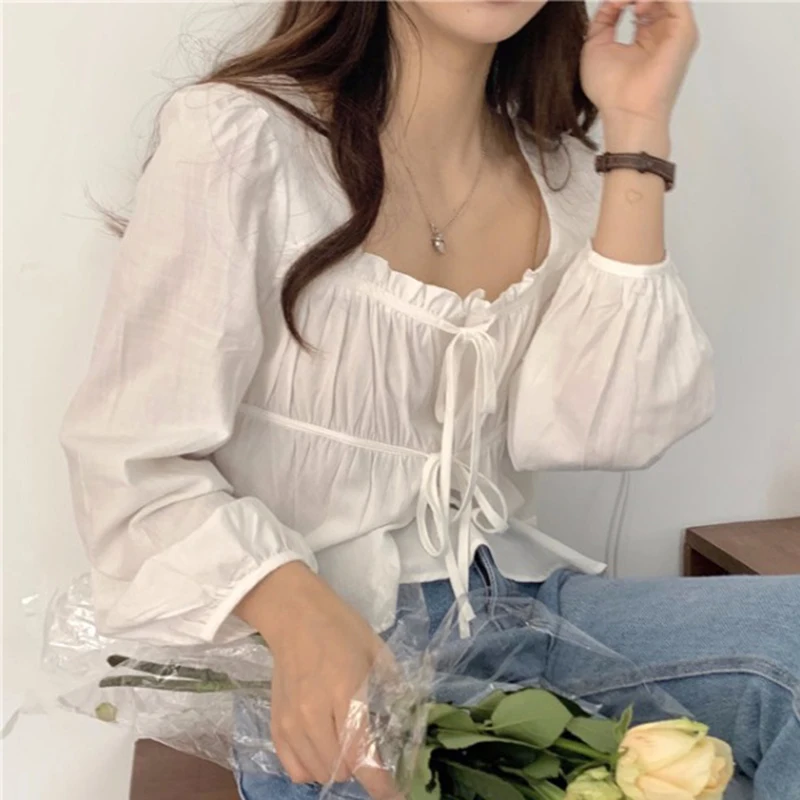 Fashoin New Vintage Loose White Blouse Women Casual Long Sleeve Ruffled Shirt Tops Fashion Square Collar Solid Lady Shirts 11700