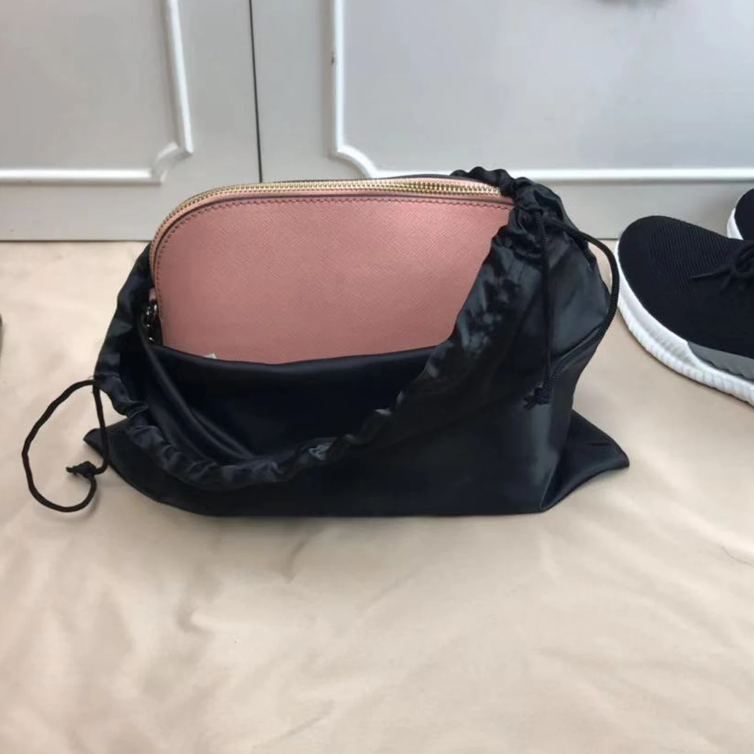 Large Silk Satin Drawstring Care Bag Custom Wigs Storage Dust Proof Packaging Pouch Black Reusable Sack Handbag Shoes Travel Bag
