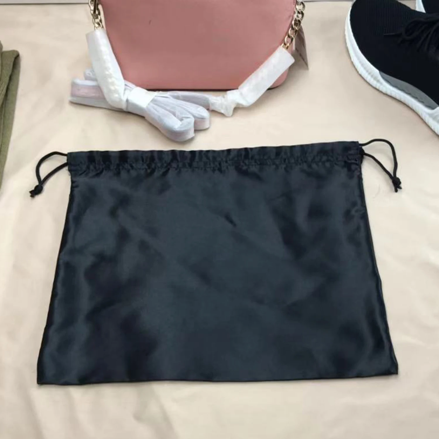 Large Silk Satin Drawstring Care Bag Custom Wigs Storage Dust Proof Packaging Pouch Black Reusable Sack Handbag Shoes Travel Bag