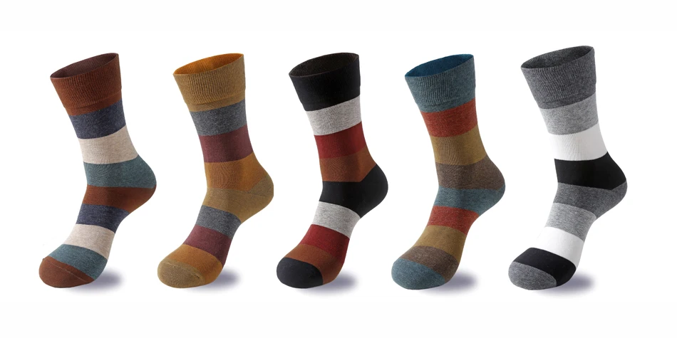 Men's Combed Cotton Socks Fashion Colorful Large Stripe Harajuku Four Seasons Casual Socks Men Size 39-44 5Pair/Lot