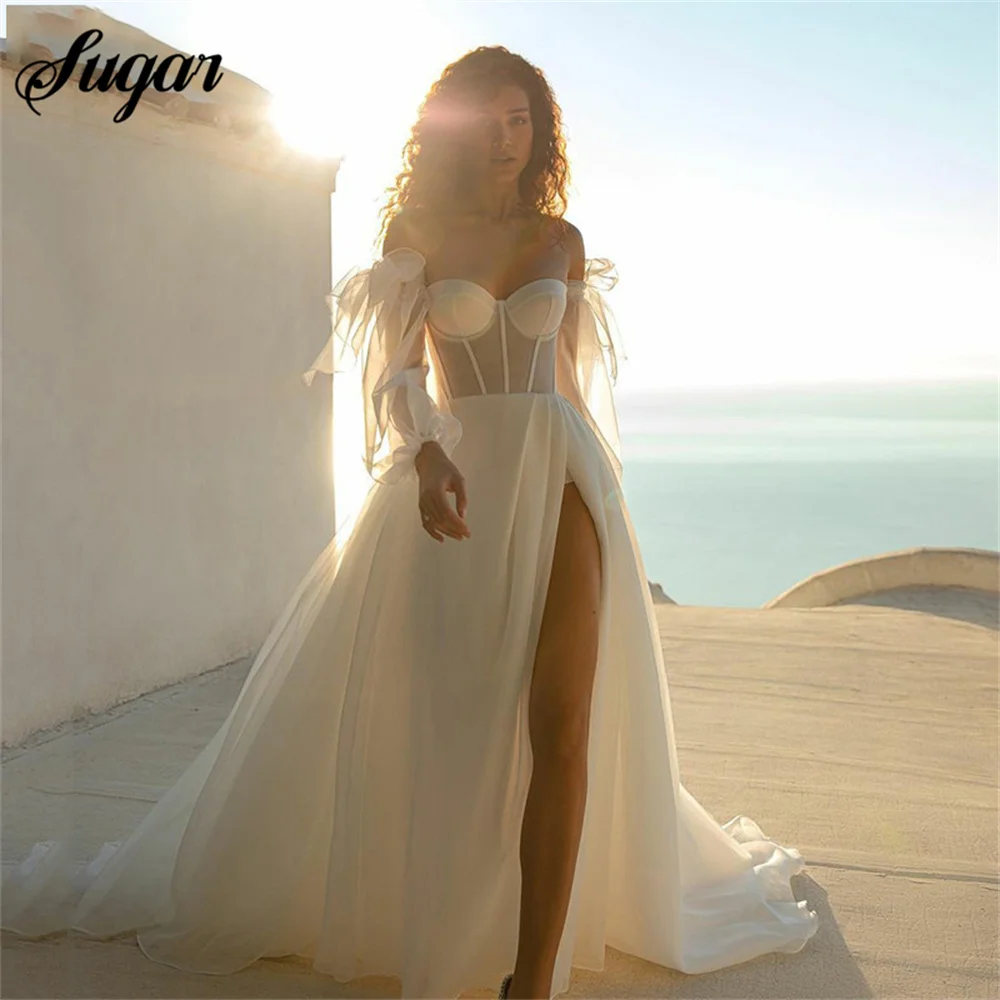 Off The Shoulder Princess Wedding Dress Puff Sleeve Lace Sweetheart Neck Boho Bride Dress Side Split Wedding Gowns vestido novia