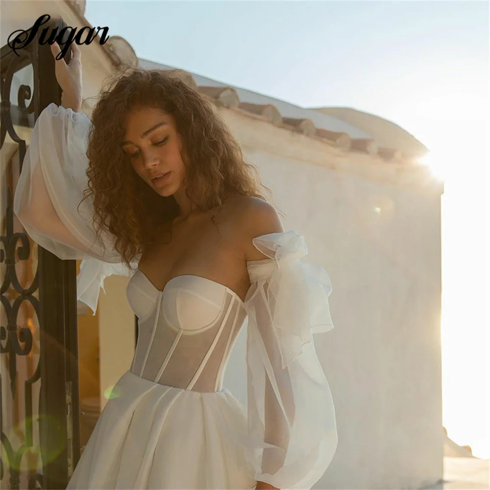 Off The Shoulder Princess Wedding Dress Puff Sleeve Lace Sweetheart Neck Boho Bride Dress Side Split Wedding Gowns vestido novia