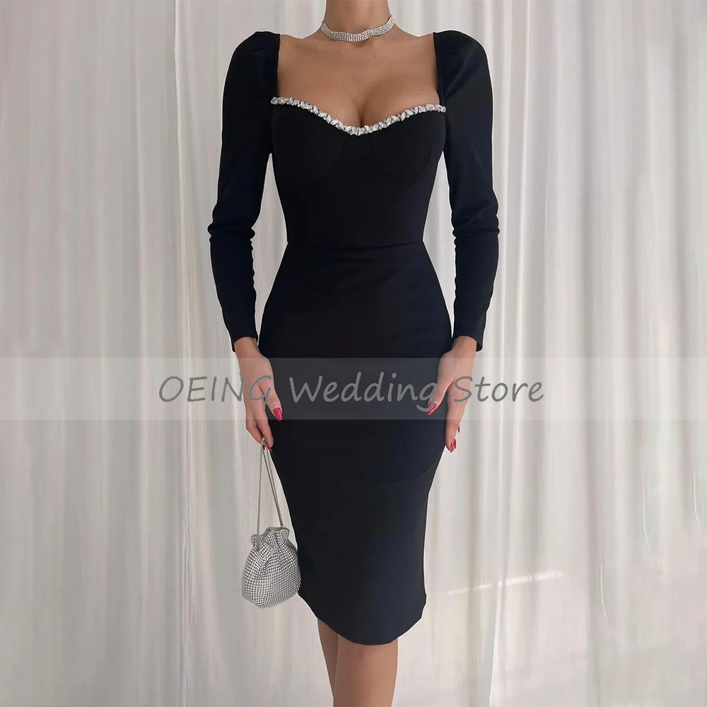 Little Black Dress Long Sleeves Crystal Sweetheart Sheath Cocktail Gowns for Women Knee Length Bodycon Simple Party Dresses Midi