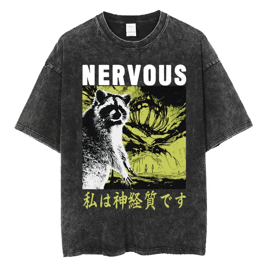 The Horrors Are Never Ending Yet I Remain Silly T-shirt Funny Japanese Style Frog Retro Washed T Shirt Men's Oversized Tees Tops