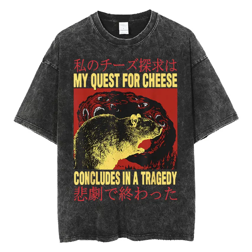 The Horrors Are Never Ending Yet I Remain Silly T-shirt Funny Japanese Style Frog Retro Washed T Shirt Men's Oversized Tees Tops