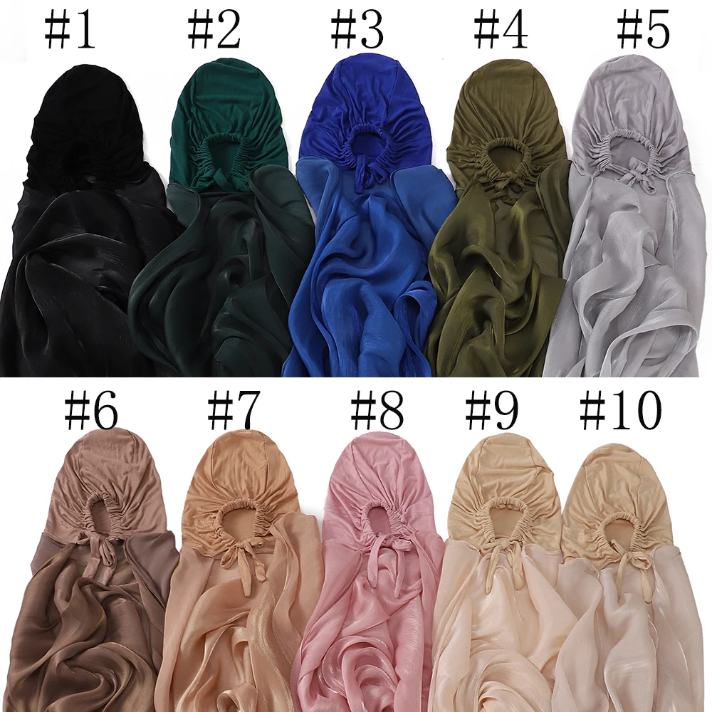 New Solid Color Glitter Hijabs 2pcs with Undercap Muslim Ladies Soft Head Wrap Shimmer Satin Crepe Hijab Shawl