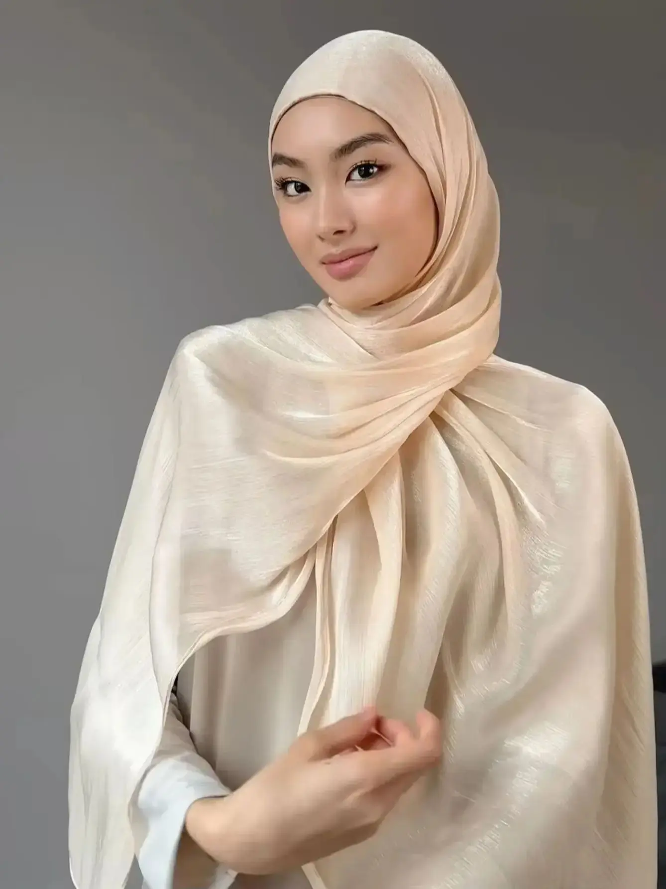 New Solid Color Glitter Hijabs 2pcs with Undercap Muslim Ladies Soft Head Wrap Shimmer Satin Crepe Hijab Shawl