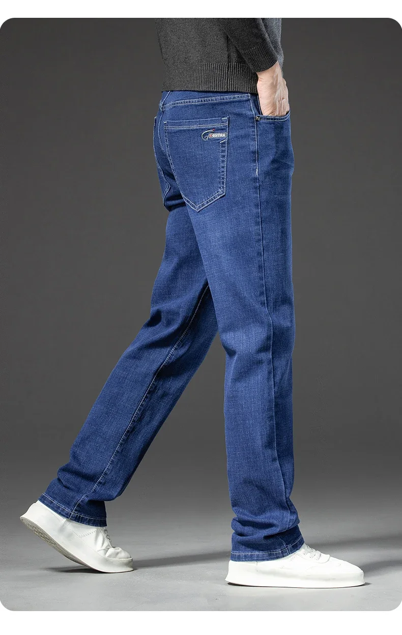 2025 Spring Autumn Men's Straight Jeans Denim Pants Classic Style Business Stretch Casual Trousers Large Size 40 42 44 46