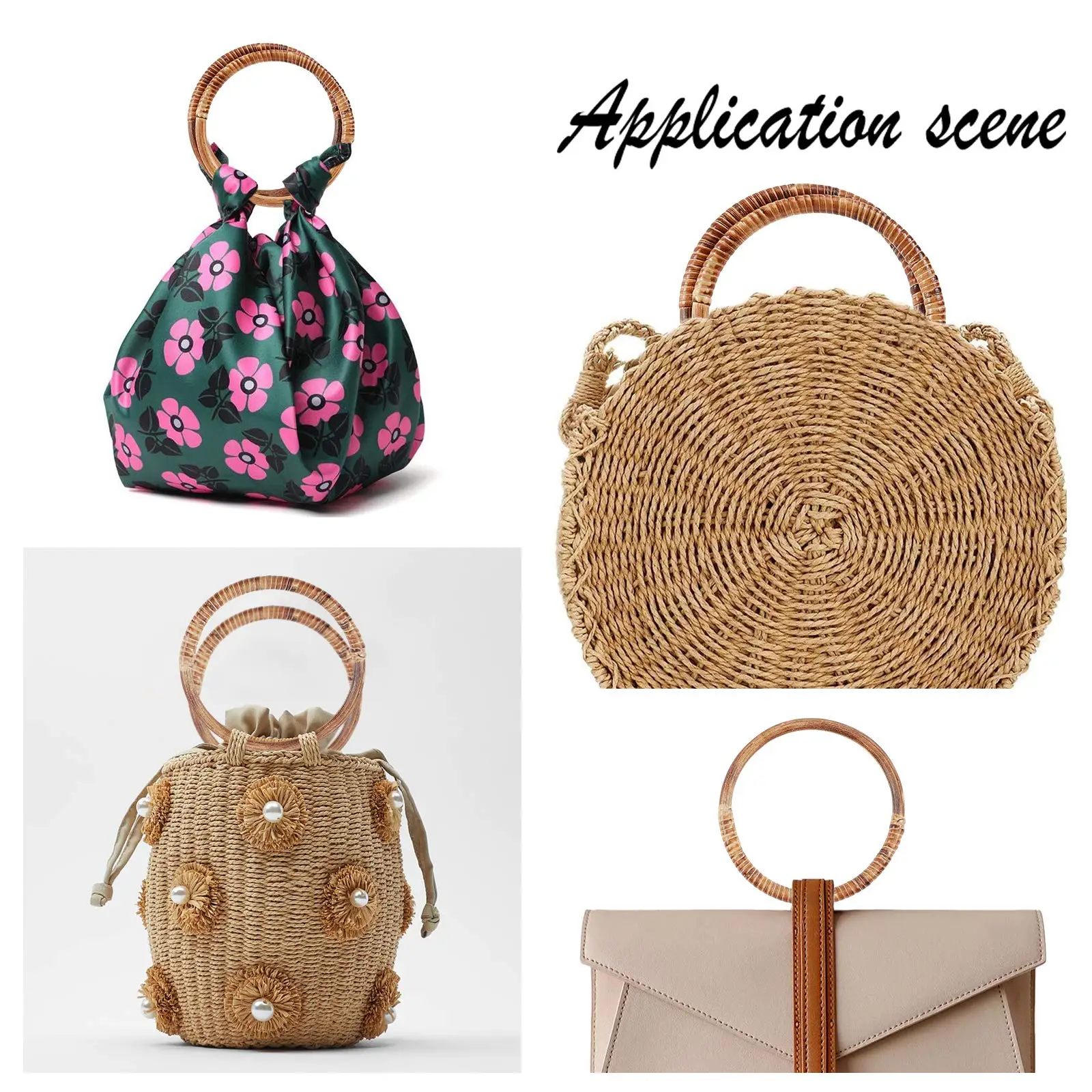 2PCS Rattan Woven Wood Round Shaped Handles 6Inch Replacement Decorative Handles for Handmade Bag DIY Crocheted Purse Accessory
