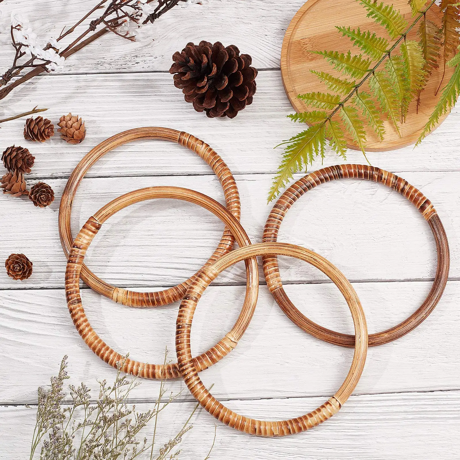 2PCS Rattan Woven Wood Round Shaped Handles 6Inch Replacement Decorative Handles for Handmade Bag DIY Crocheted Purse Accessory