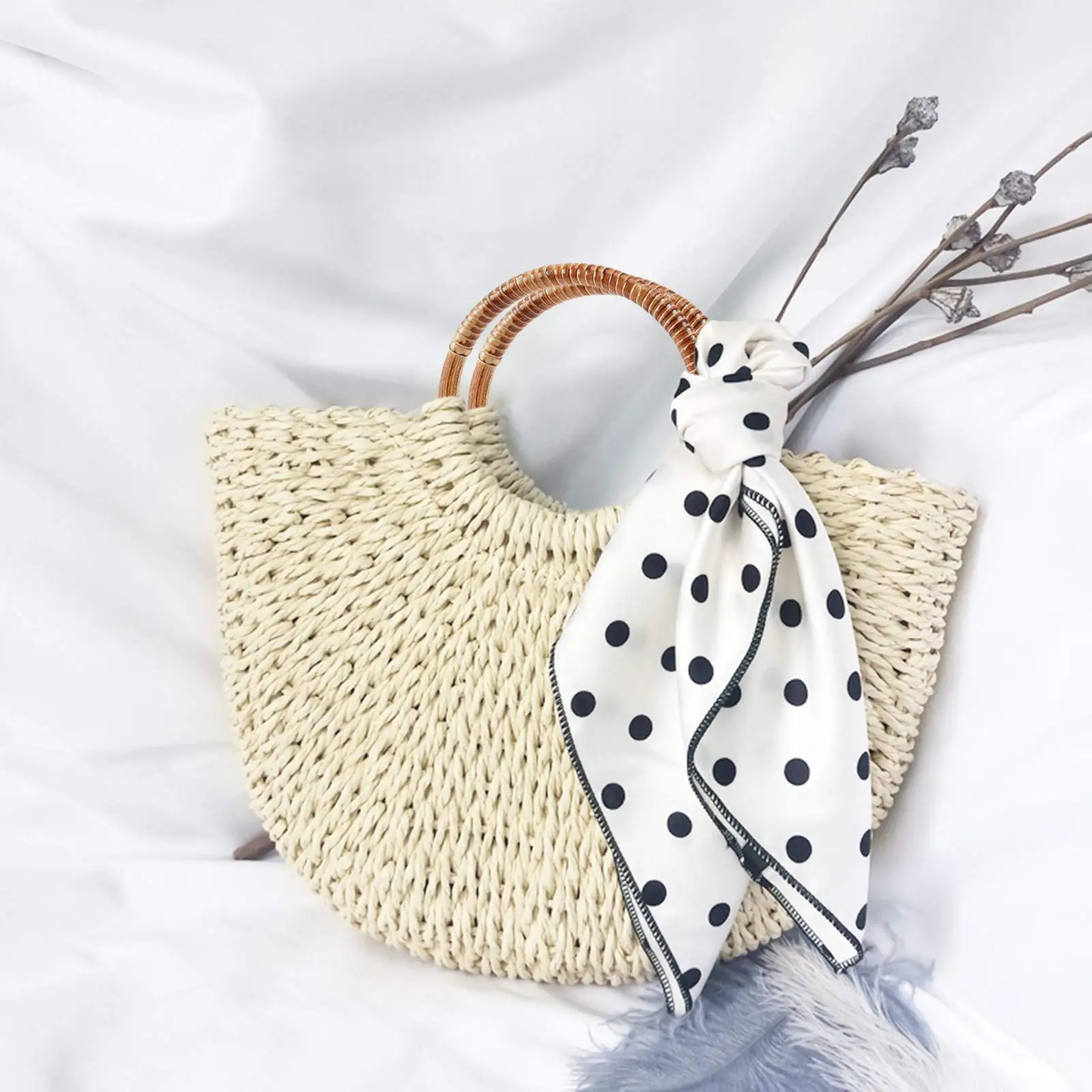2PCS Rattan Woven Wood Round Shaped Handles 6Inch Replacement Decorative Handles for Handmade Bag DIY Crocheted Purse Accessory