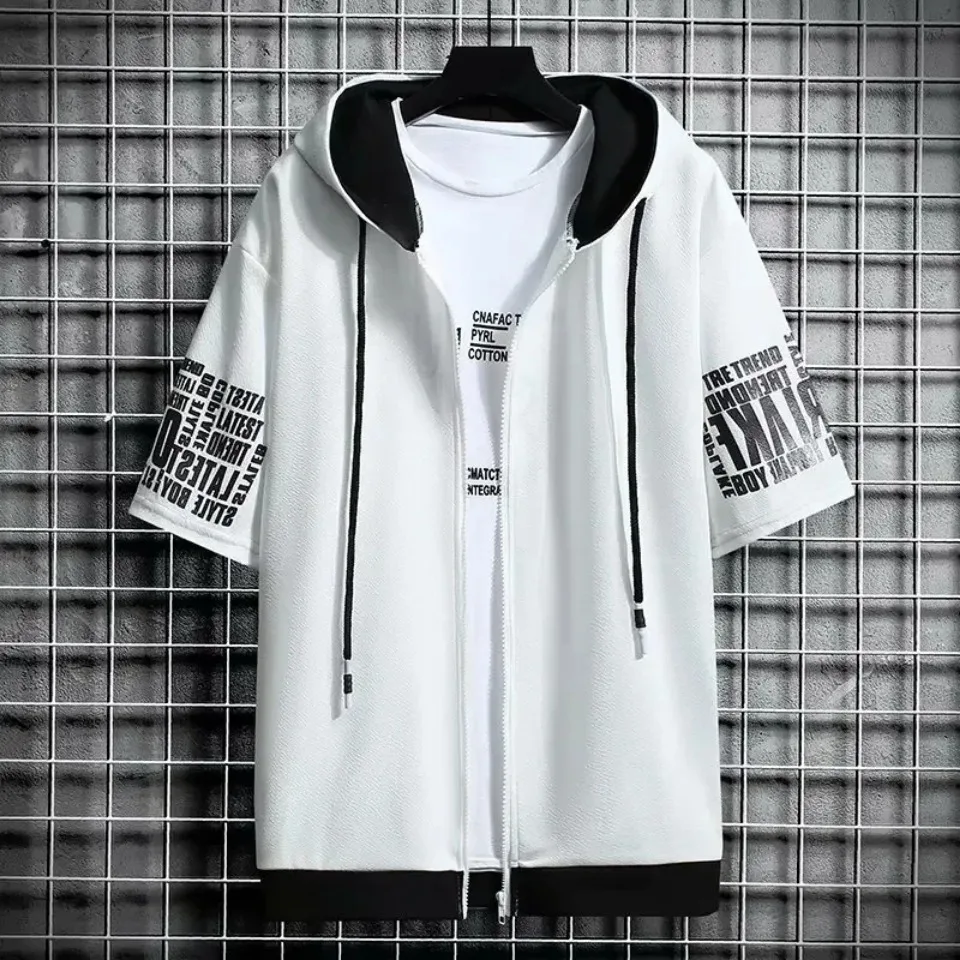 Fashion Men's Hoodies Summer Men Clothing T-shirt Zipper Hood Cartoon Casual T Shirt Print Hooded Top Short Sleeve Men