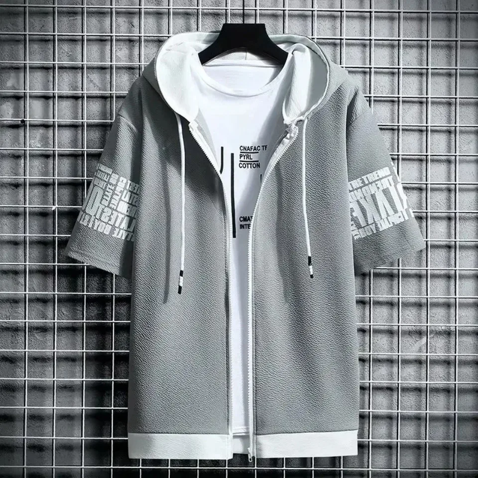 Fashion Men's Hoodies Summer Men Clothing T-shirt Zipper Hood Cartoon Casual T Shirt Print Hooded Top Short Sleeve Men
