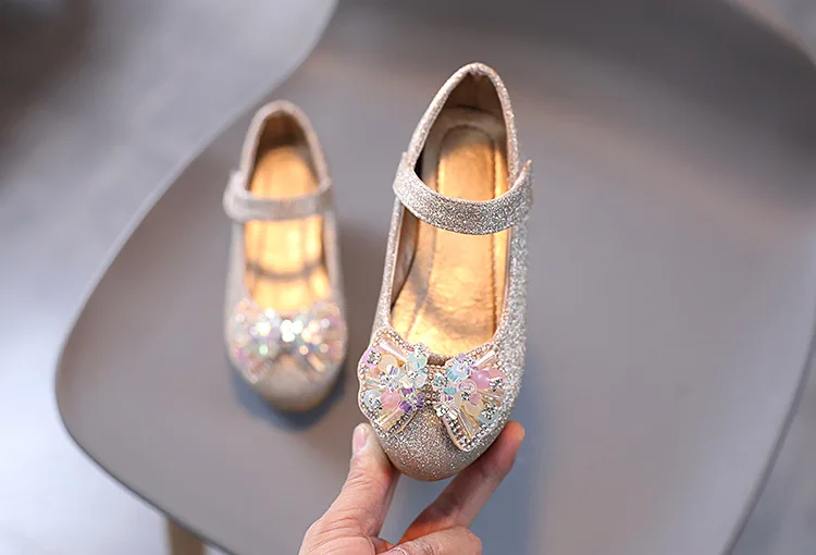 Kids Leather Shoe Sweet Princess Shoes for Girls with Rhinestone Bowtie Fashion Versatile Children's Shoes with Heels for Party