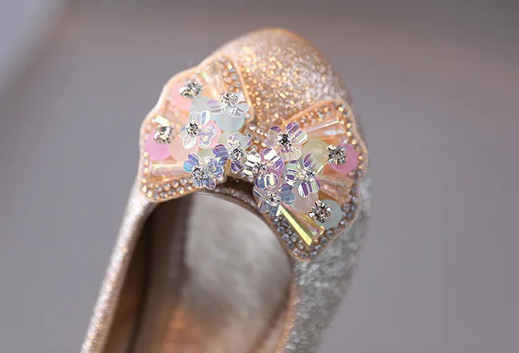 Kids Leather Shoe Sweet Princess Shoes for Girls with Rhinestone Bowtie Fashion Versatile Children's Shoes with Heels for Party