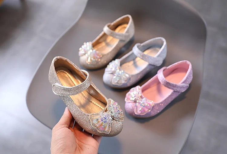 Kids Leather Shoe Sweet Princess Shoes for Girls with Rhinestone Bowtie Fashion Versatile Children's Shoes with Heels for Party