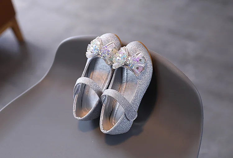 Kids Leather Shoe Sweet Princess Shoes for Girls with Rhinestone Bowtie Fashion Versatile Children's Shoes with Heels for Party