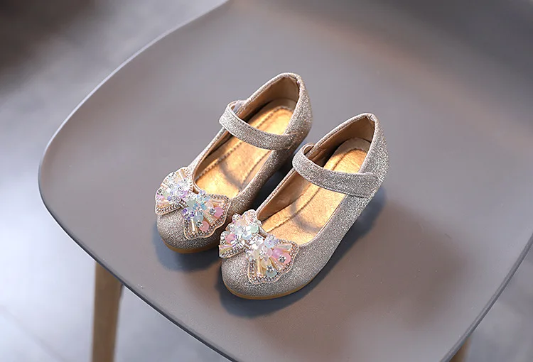 Kids Leather Shoe Sweet Princess Shoes for Girls with Rhinestone Bowtie Fashion Versatile Children's Shoes with Heels for Party