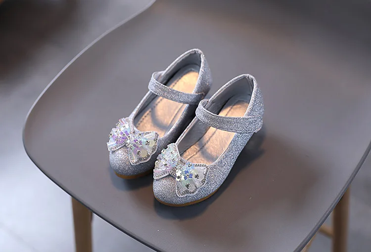 Kids Leather Shoe Sweet Princess Shoes for Girls with Rhinestone Bowtie Fashion Versatile Children's Shoes with Heels for Party