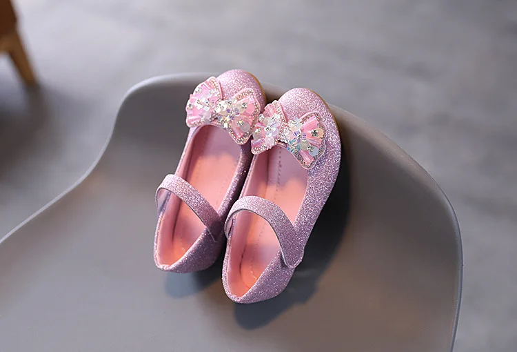 Kids Leather Shoe Sweet Princess Shoes for Girls with Rhinestone Bowtie Fashion Versatile Children's Shoes with Heels for Party