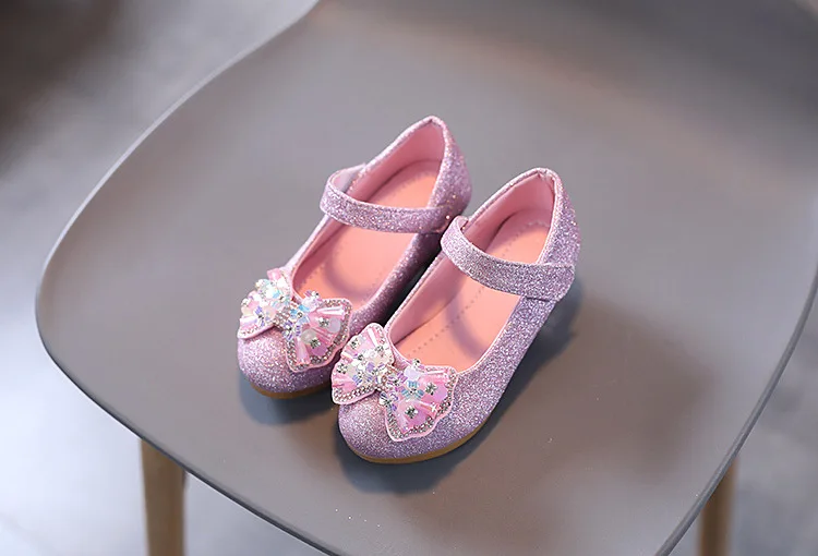 Kids Leather Shoe Sweet Princess Shoes for Girls with Rhinestone Bowtie Fashion Versatile Children's Shoes with Heels for Party