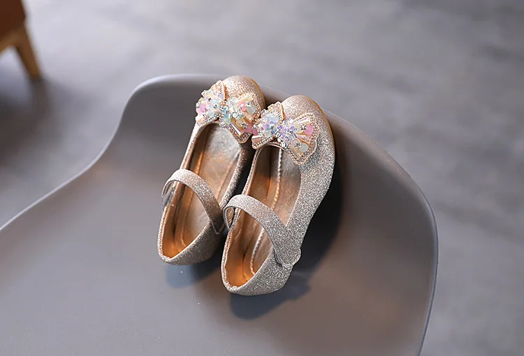 Kids Leather Shoe Sweet Princess Shoes for Girls with Rhinestone Bowtie Fashion Versatile Children's Shoes with Heels for Party