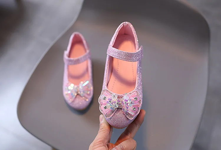 Kids Leather Shoe Sweet Princess Shoes for Girls with Rhinestone Bowtie Fashion Versatile Children's Shoes with Heels for Party