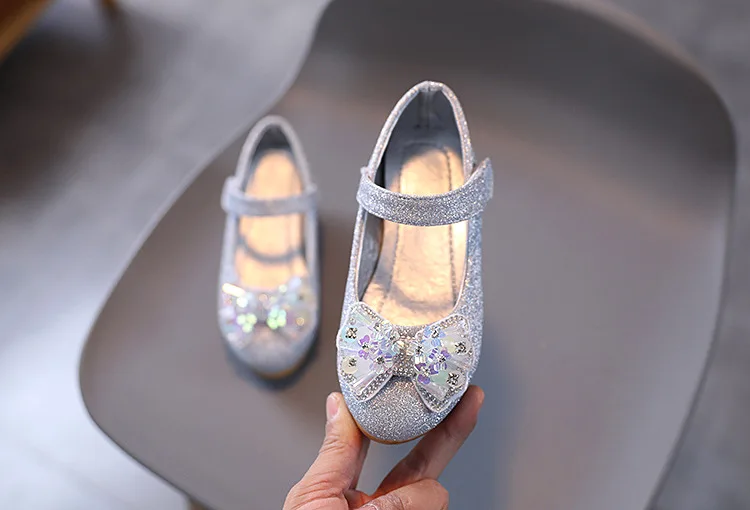 Kids Leather Shoe Sweet Princess Shoes for Girls with Rhinestone Bowtie Fashion Versatile Children's Shoes with Heels for Party