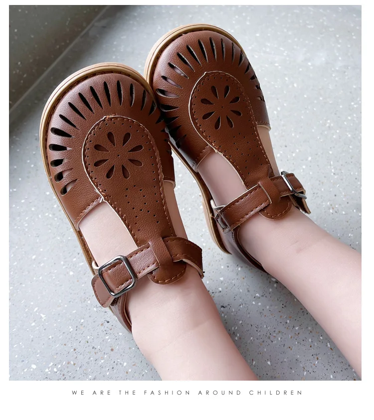 Girls Half Sandals 2024 Spring Summer British Style Children Beach Shoes Cut-outs Kids Flat Shoes Sandals 22-36 Princess Vintage