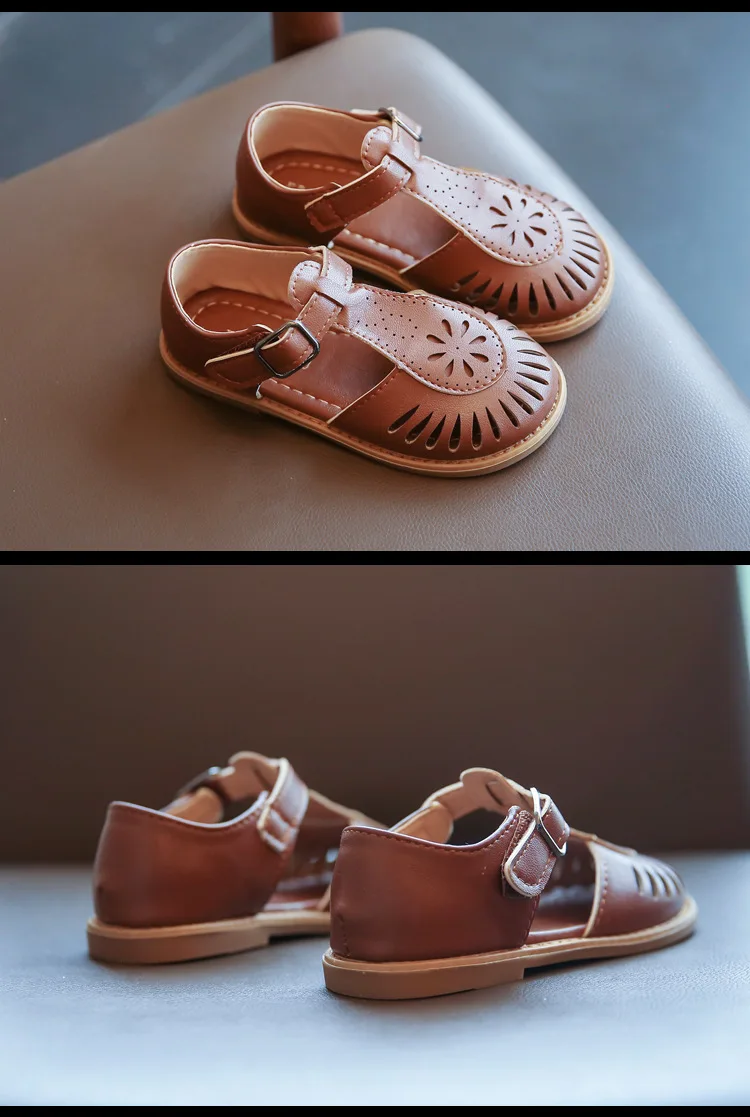 Girls Half Sandals 2024 Spring Summer British Style Children Beach Shoes Cut-outs Kids Flat Shoes Sandals 22-36 Princess Vintage