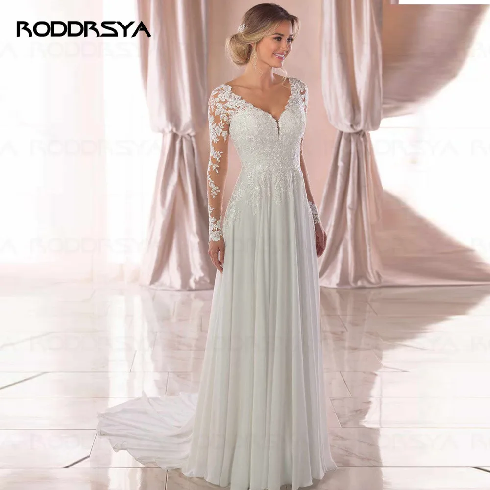V Neck Long Sleeves Chiffon Beach Wedding Dresses Open Back White Lace Applique Bridal Dress Party Vestidos De Novia A-line