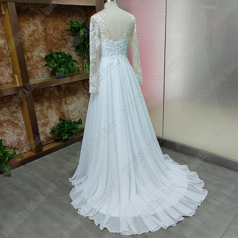 V Neck Long Sleeves Chiffon Beach Wedding Dresses Open Back White Lace Applique Bridal Dress Party Vestidos De Novia A-line