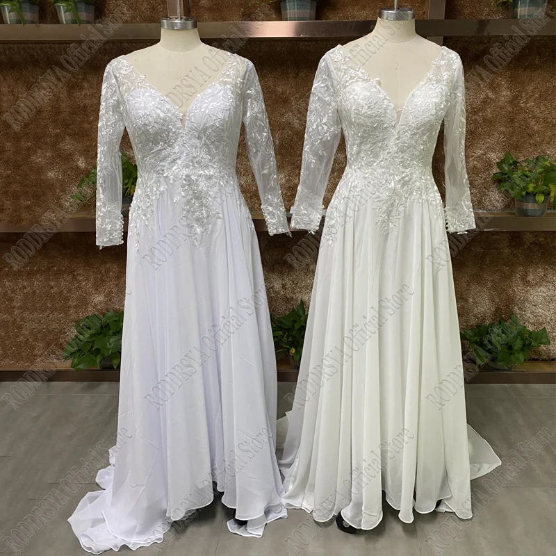 V Neck Long Sleeves Chiffon Beach Wedding Dresses Open Back White Lace Applique Bridal Dress Party Vestidos De Novia A-line