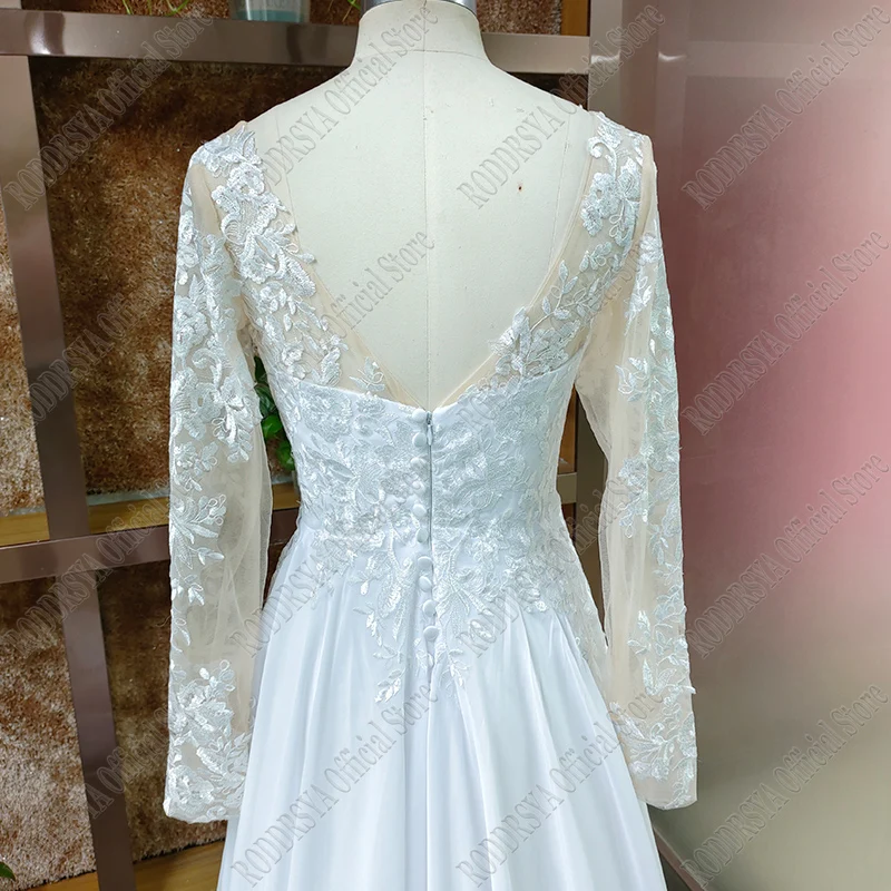 V Neck Long Sleeves Chiffon Beach Wedding Dresses Open Back White Lace Applique Bridal Dress Party Vestidos De Novia A-line