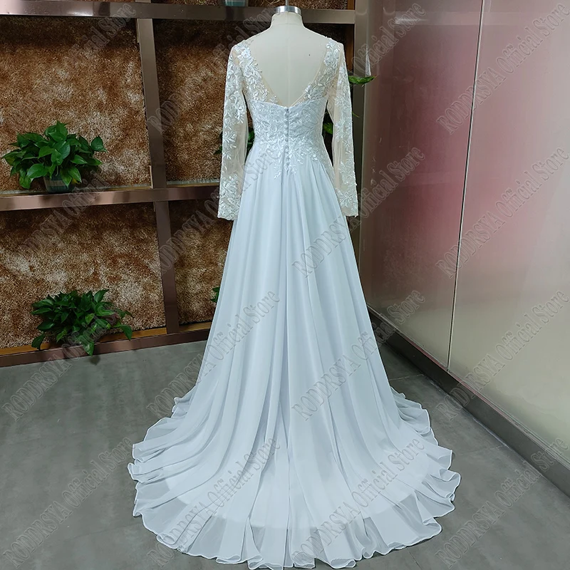 V Neck Long Sleeves Chiffon Beach Wedding Dresses Open Back White Lace Applique Bridal Dress Party Vestidos De Novia A-line