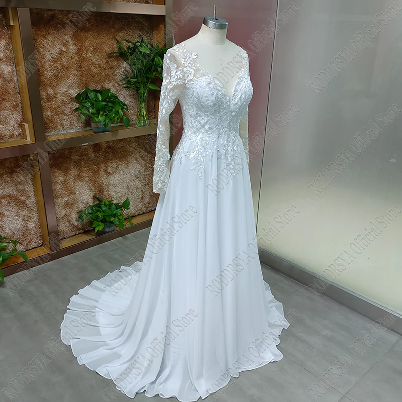 V Neck Long Sleeves Chiffon Beach Wedding Dresses Open Back White Lace Applique Bridal Dress Party Vestidos De Novia A-line
