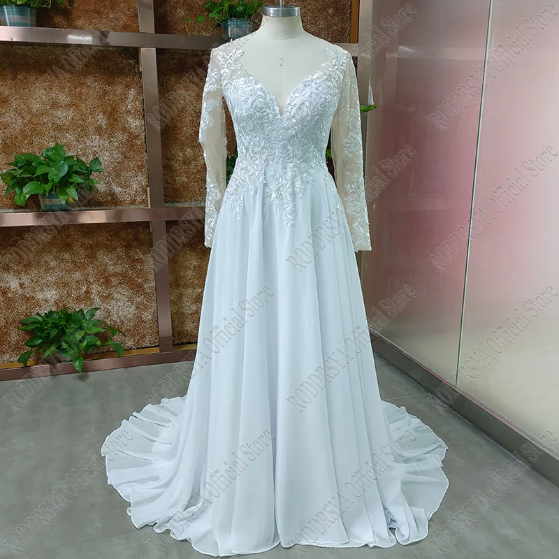 V Neck Long Sleeves Chiffon Beach Wedding Dresses Open Back White Lace Applique Bridal Dress Party Vestidos De Novia A-line