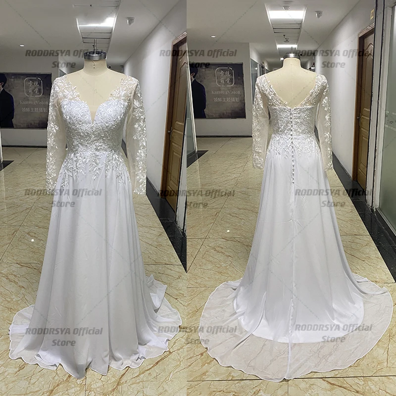 V Neck Long Sleeves Chiffon Beach Wedding Dresses Open Back White Lace Applique Bridal Dress Party Vestidos De Novia A-line