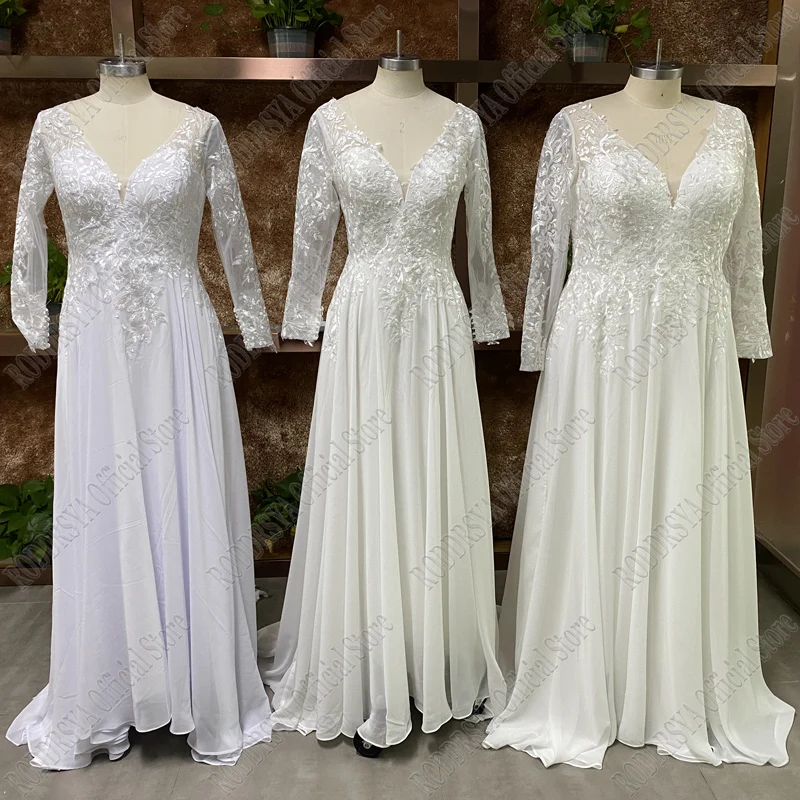 V Neck Long Sleeves Chiffon Beach Wedding Dresses Open Back White Lace Applique Bridal Dress Party Vestidos De Novia A-line