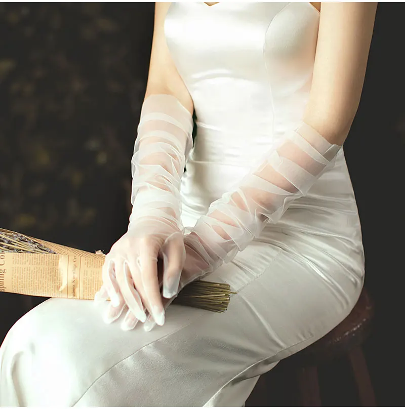 WG002-1 Elegant White / Black Long Gloves Light Breathable Tulle Brides Bridesmaid Wedding Pageant Prom Women Gloves